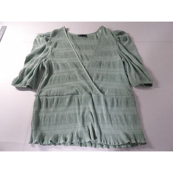 Asos Curve Design Sz 18 Top Blouse Shirt Crinkle Mint Green Deep V Puff Sleeve - Picture 8 of 13